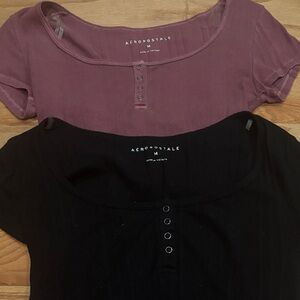 BUNDLE of two Aeropostale Women's Cropped Black and Mauve Short Sleeve Tees